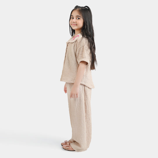 Girls Poly Crinkle 2 Piece Suit Flora-KHAKI