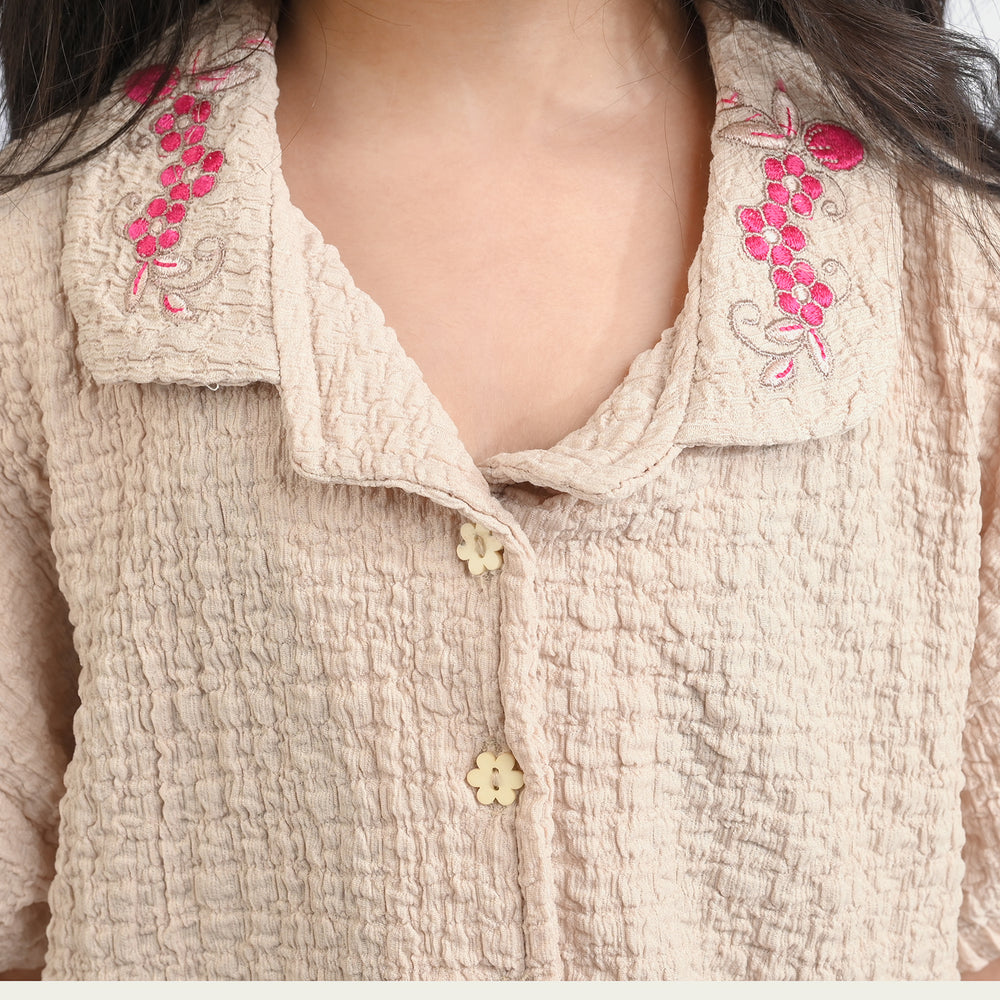 Girls Poly Crinkle 2 Piece Suit Flora-KHAKI