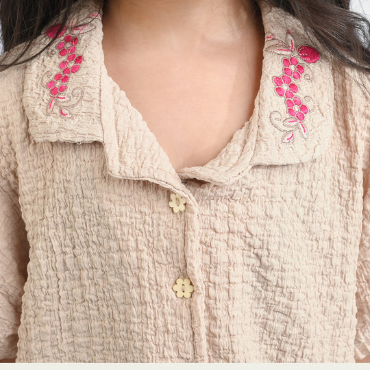 Girls Poly Crinkle 2 Piece Suit Flora-KHAKI