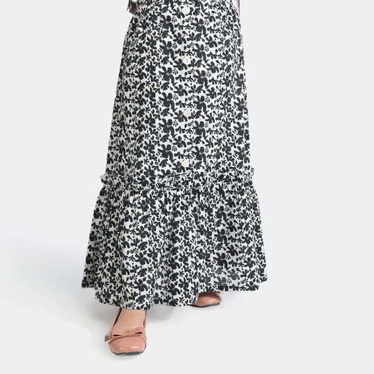 Girls Cotton Poplin Long Skirt Black & White Flower-BLACK