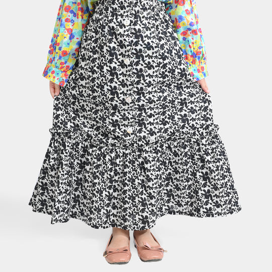 Girls Cotton Poplin Long Skirt Black & White Flower-BLACK