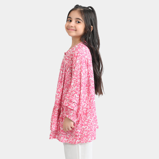 Girls Cotton Viscose Casual Top Pink Gathers-Multi