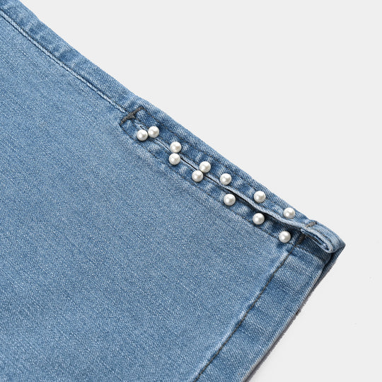 Girls Denim Stretch Jeggings Slit Hem-LIGHT BLUE