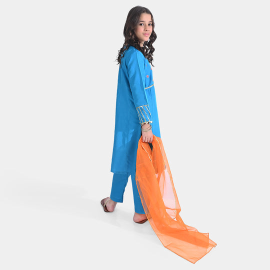 Girls Raw Silk 3PCs Suit Rang-o-Sehar-Blue