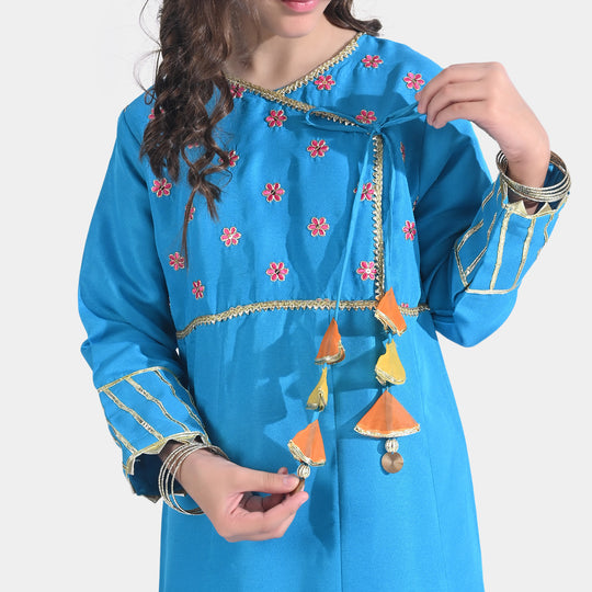 Girls Raw Silk 3PCs Suit Rang-o-Sehar-Blue
