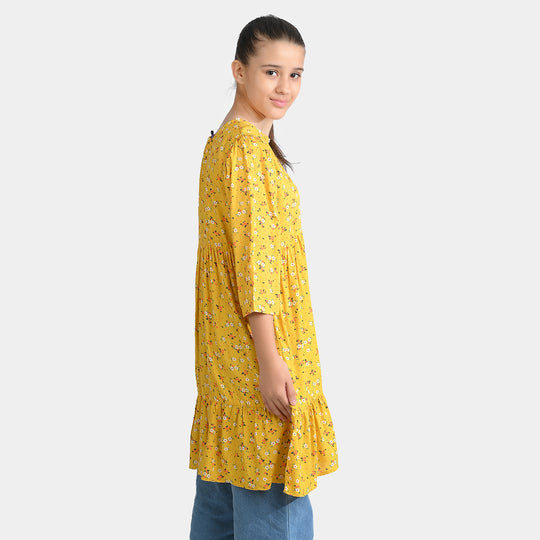 Girls Cotton Viscose Casual Frock Sunshine-Yellow