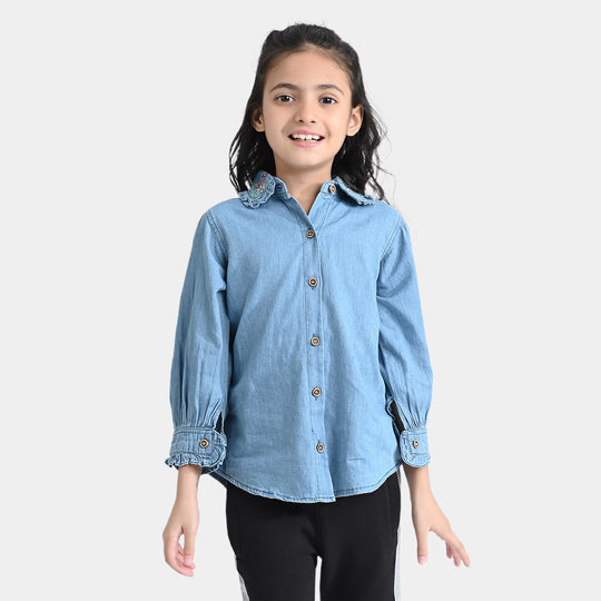 Girls Tensile Denim Emb Top Collar -Blue