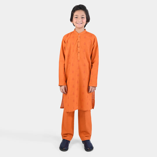 Boys Cotton Slub Shalwar Suit (DAMASK)-B.Orange