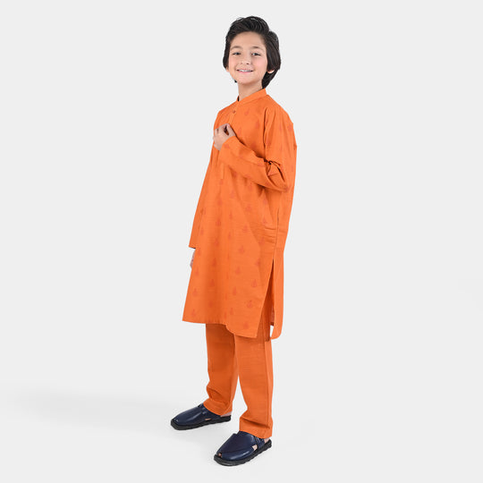 Boys Cotton Slub Shalwar Suit (DAMASK)-B.Orange
