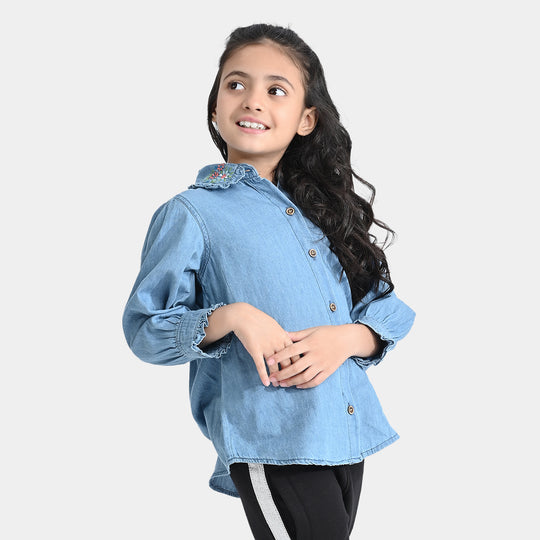 Girls Tensile Denim Emb Top Collar -Blue