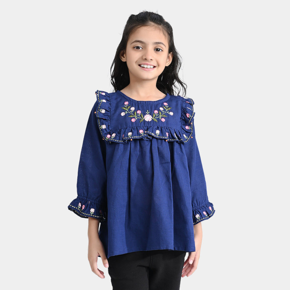Girls Cotton Slub Emb Top-Navy Blue