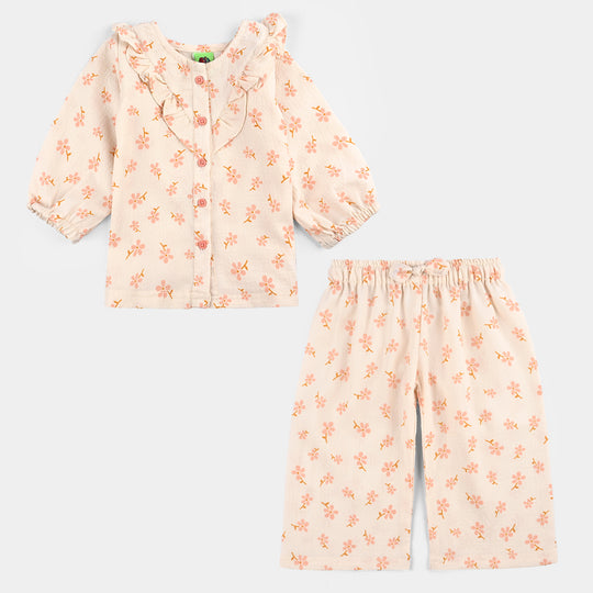 Infant Girls Chiffon 2 Pc Suit-Textured Flora-OFF-White