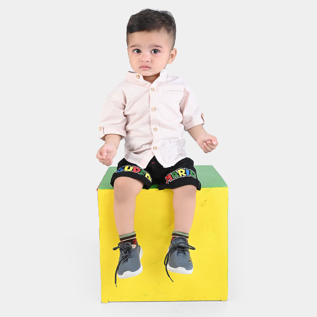 Infant Boys Yarn Dyed Basic Casual Shirt (Tropical)-Beige Stripe