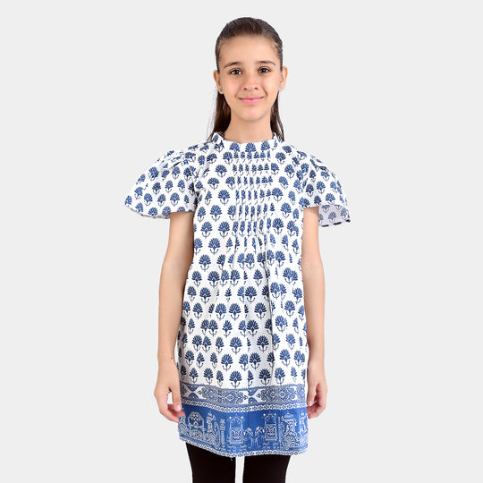 Girls Cotton Poplin Casual Frock Madhubani-White