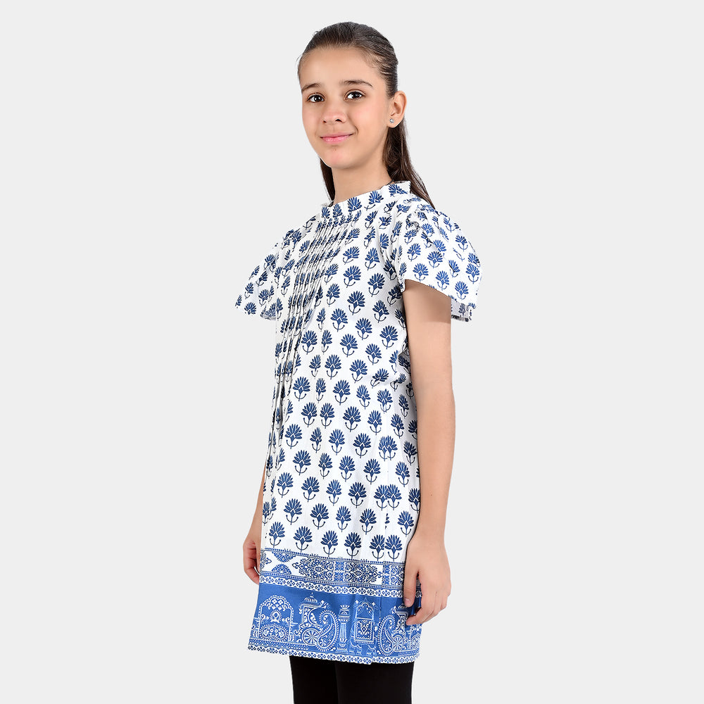 Girls Cotton Poplin Casual Frock Madhubani-White