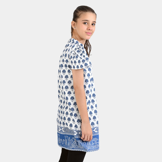 Girls Cotton Poplin Casual Frock Madhubani-White