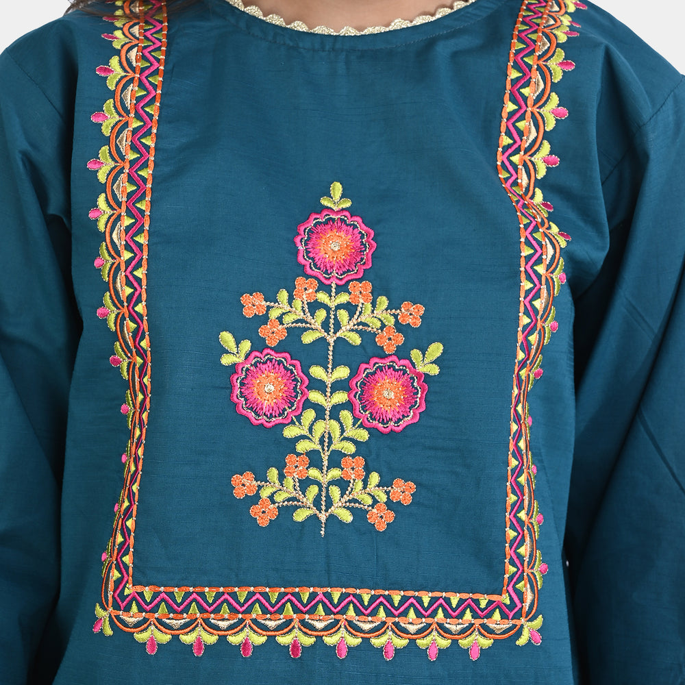 Girls Cotton Slub Emb 2PC Suit Chaman-Ceramic