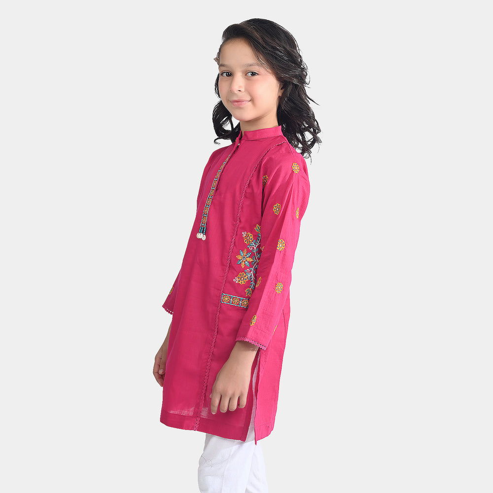 Girls Cotton Slub Emb Kurti-Bright Pink