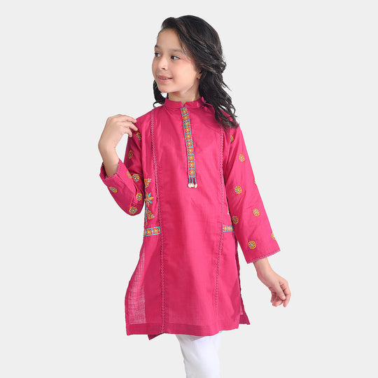 Girls Cotton Slub Emb Kurti-Bright Pink