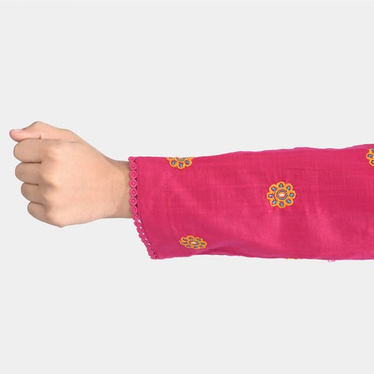 Girls Cotton Slub Emb Kurti-Bright Pink