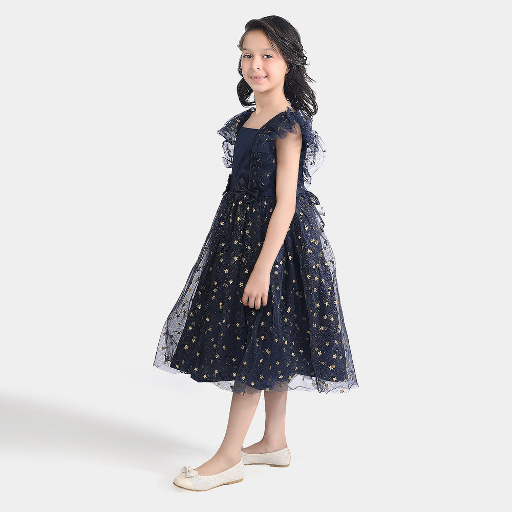 Girls Net Fancy Frock Glitter-NAVY