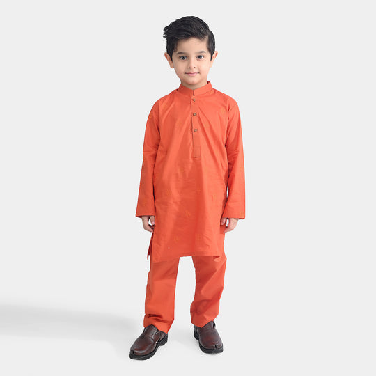 Boys Cotton Poplin Kurta Pajama Suit (Tone On Tone)-Citrus