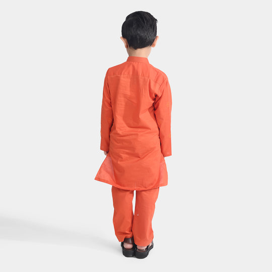 Boys Cotton Poplin Kurta Pajama Suit (Tone On Tone)-Citrus
