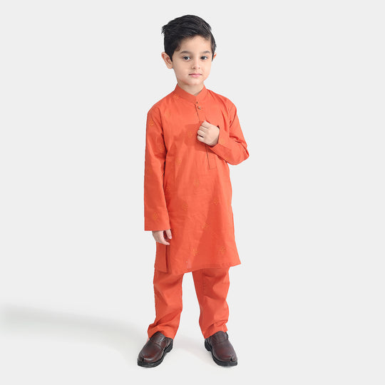 Boys Cotton Poplin Kurta Pajama Suit (Tone On Tone)-Citrus