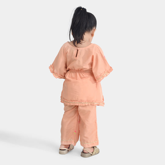 Infant Girls Poly Cambric Fancy 2 Pcs Flowers-Peach