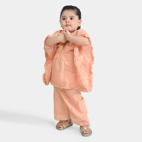 Infant Girls Poly Cambric Fancy 2 Pcs Flowers-Peach
