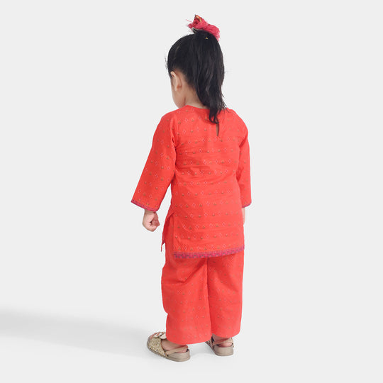 Infant Girls Cotton Poplin Printed 2Pcs Cross Stitch-ORANGE