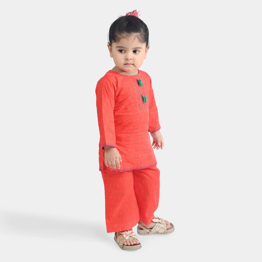 Infant Girls Cotton Poplin Printed 2Pcs Cross Stitch-ORANGE