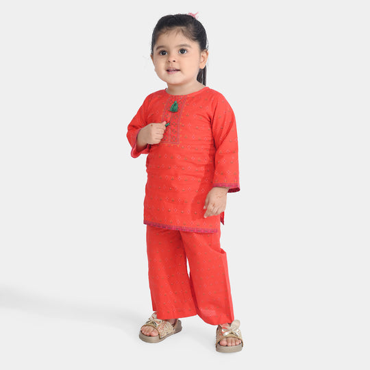 Infant Girls Cotton Poplin Printed 2Pcs Cross Stitch-ORANGE