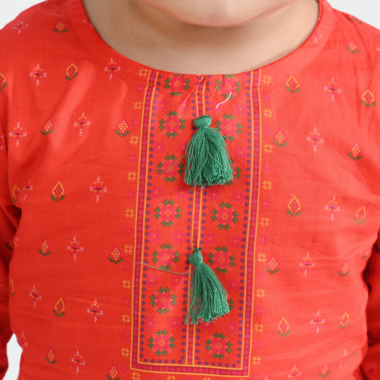 Infant Girls Cotton Poplin Printed 2Pcs Cross Stitch-ORANGE