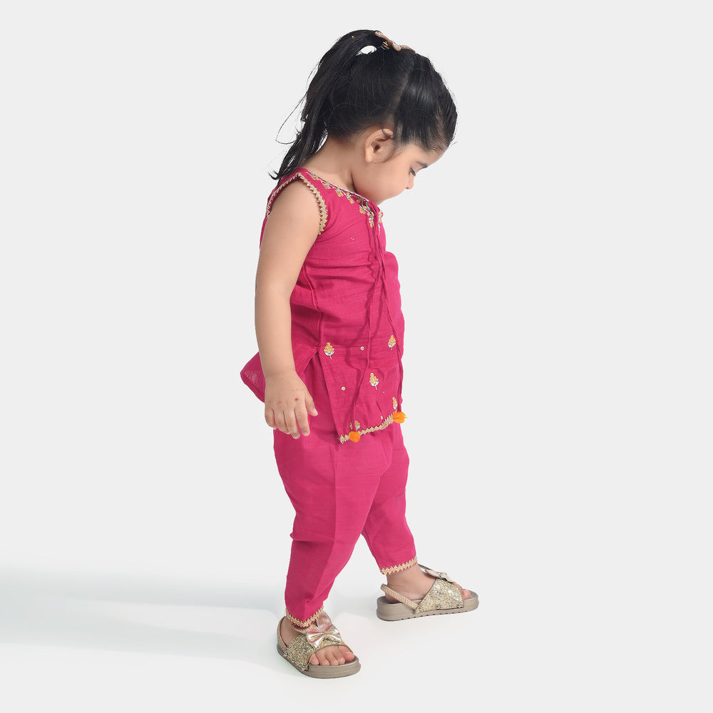 Infant Girls Cotton Slub Emb 2Pcs Magenta-Bright Pink