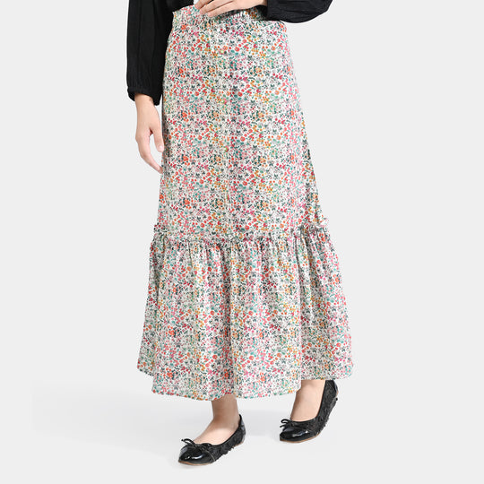 Girls Cotton Poplin Long Skirt Chin Print-Multi