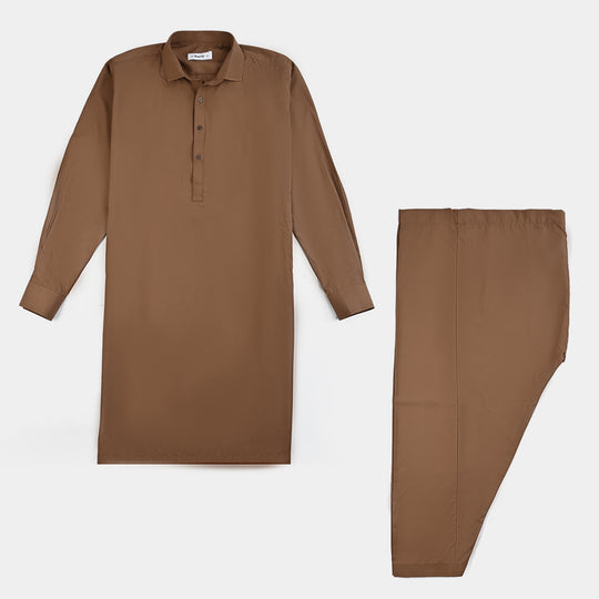Teen Boys Poly Viscose Kurta Shalwar-BROWN