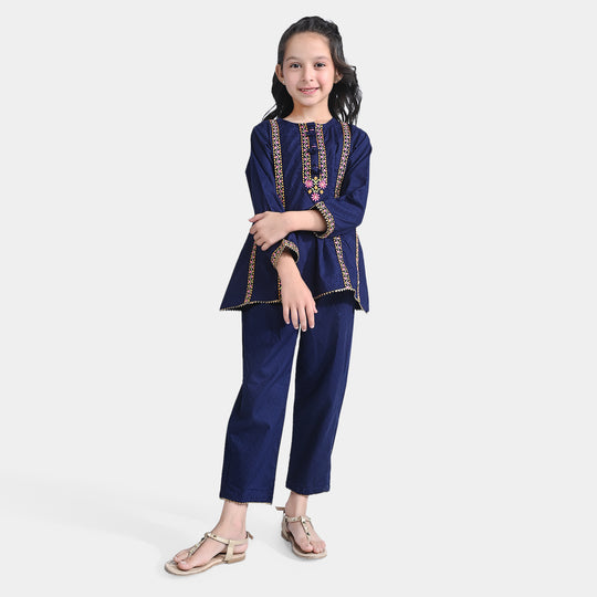 Girls Jacquard EMB 2PC Suit Sakoon-Navy Blue