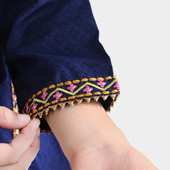 Girls Jacquard EMB 2PC Suit Sakoon-Navy Blue