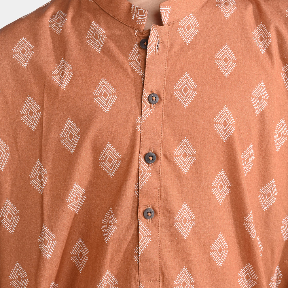 Boys Cotton Poplin Printed Kurta (Rust Tribal)-Rust