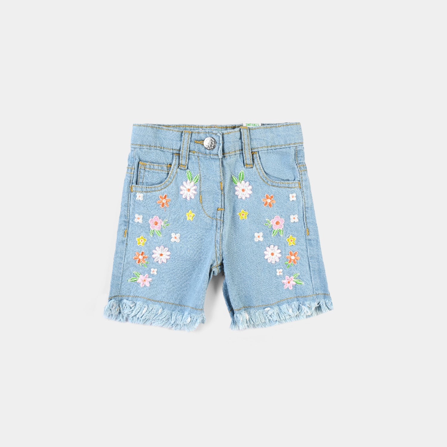 Babyhug Denim Knit Mid Thigh Washed Shorts with With Stretch & Floral Embroidery - Blue