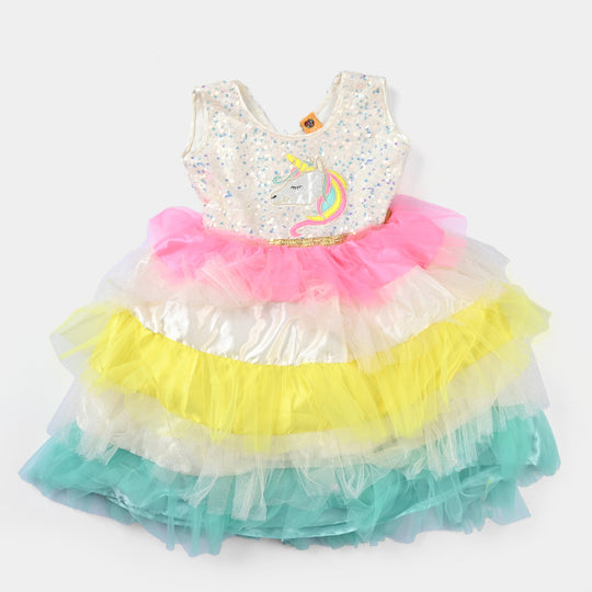 Girls Fancy Frock Multi Layers-White