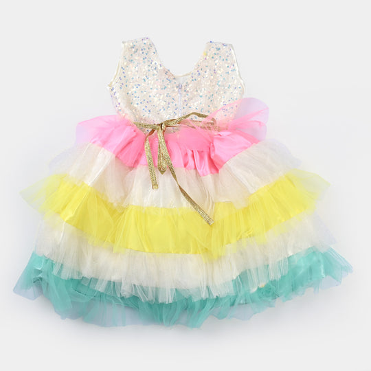 Girls Fancy Frock Multi Layers-White
