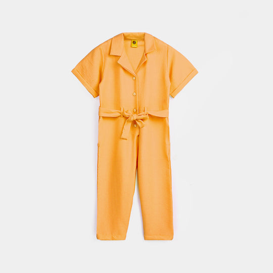 Girls Poly Cotton Jumpsuit Resort Collar-Mustard