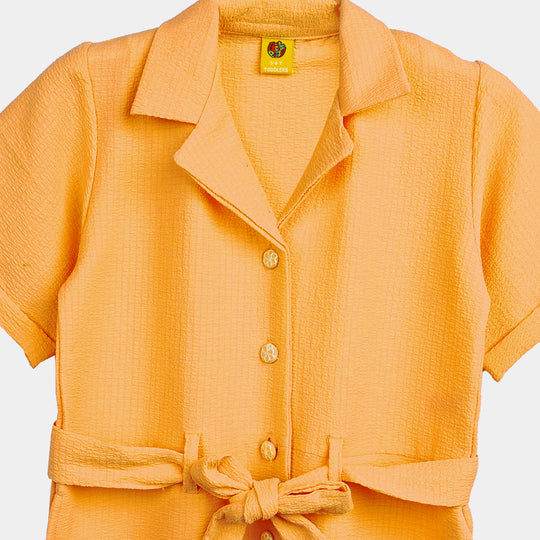Girls Poly Cotton Jumpsuit Resort Collar-Mustard