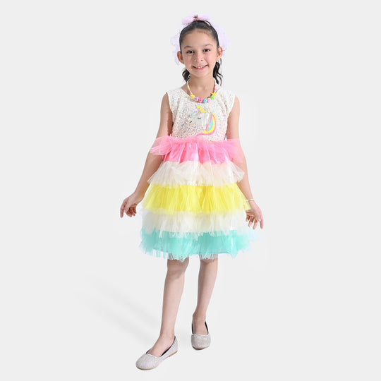 Girls Fancy Frock Multi Layers-White