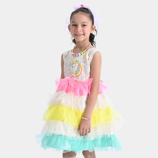 Girls Fancy Frock Multi Layers-White