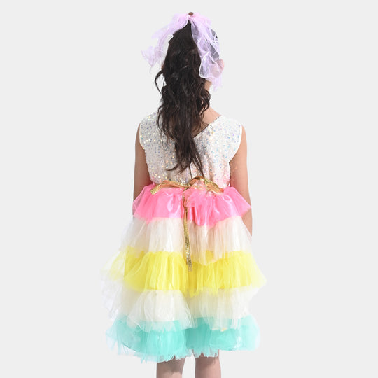 Girls Fancy Frock Multi Layers-White