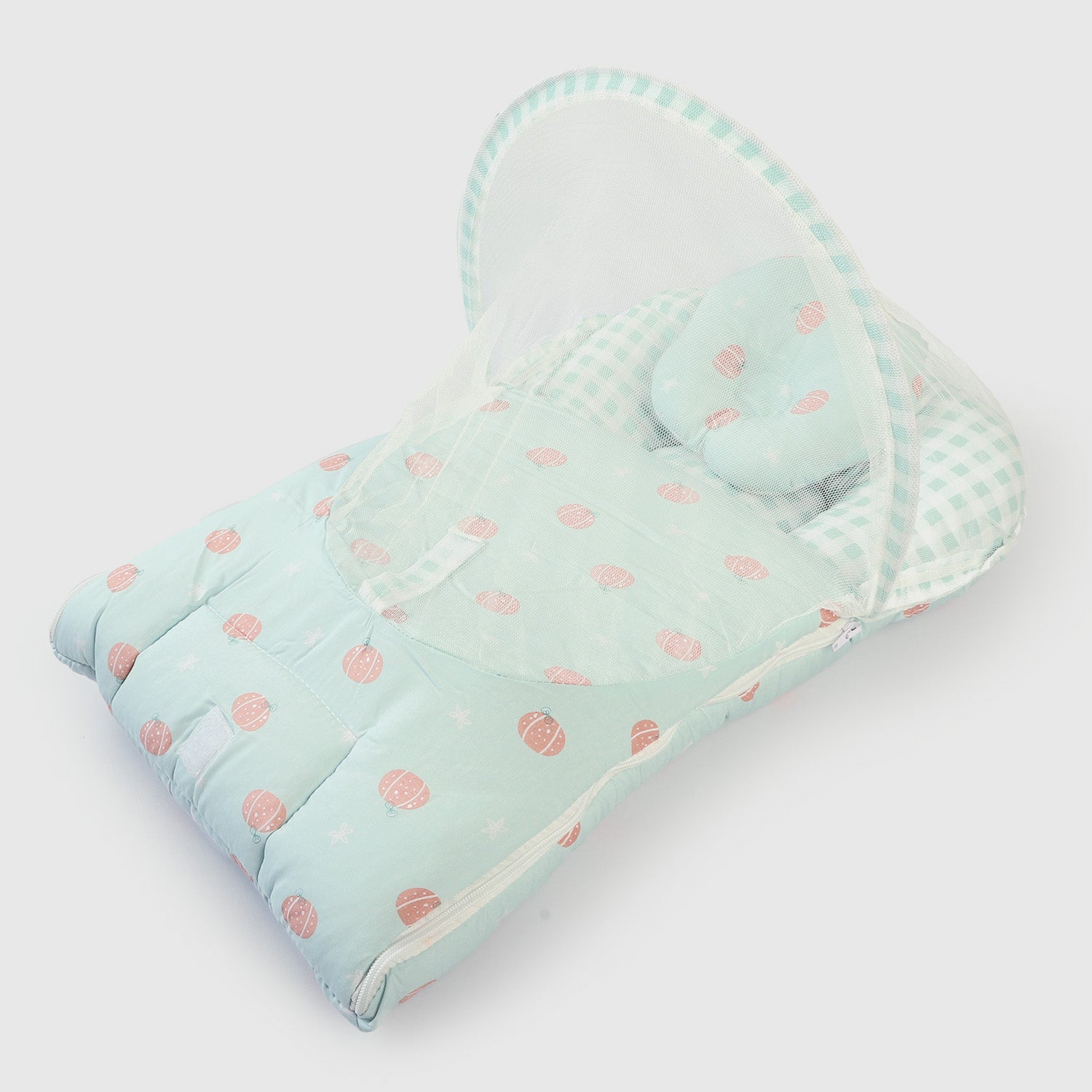 Baby Sleeping Bed In Green Color With Net To Protect Mosquitos And Other Bugs