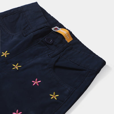 Girls Denim Stretch Pant Floral Embroidery-Navy Blue
